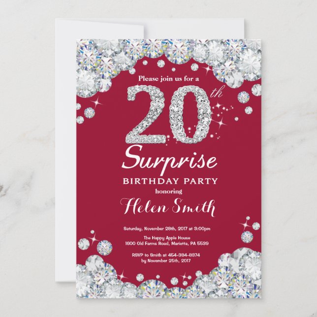 Invitation Surprise 20e Anniversaire Bourgogne Rouge Argent D (Devant)