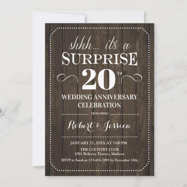 Invitation Surprise 20e anniversaire de mariage - Bois rustiq (Devant)