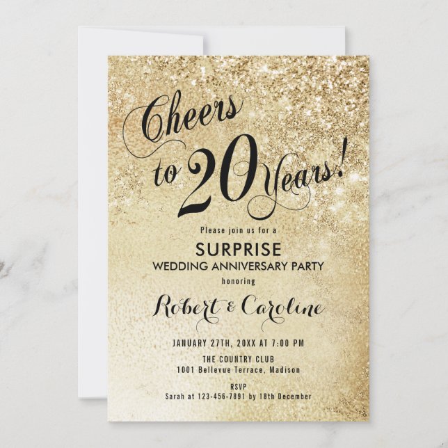 Invitation Surprise 20e anniversaire de mariage - Or (Devant)