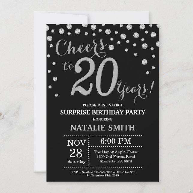 Invitation Surprise 20e Anniversaire Noir et Diamant Argent (Devant)
