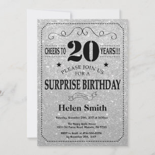 Invitation Surprise 20e Anniversaire Noir et Paillettes Argen
