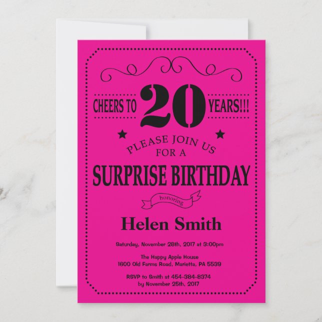 Invitation Surprise 20e anniversaire Noir et rose chaud (Devant)