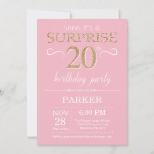 Invitation Surprise 20e Anniversaire Paillettes Roses et Doré