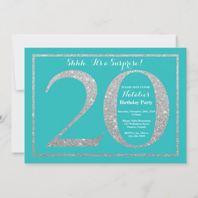 Invitation Surprise 20e Anniversaire Paillettes Sarcelle et A (Devant)