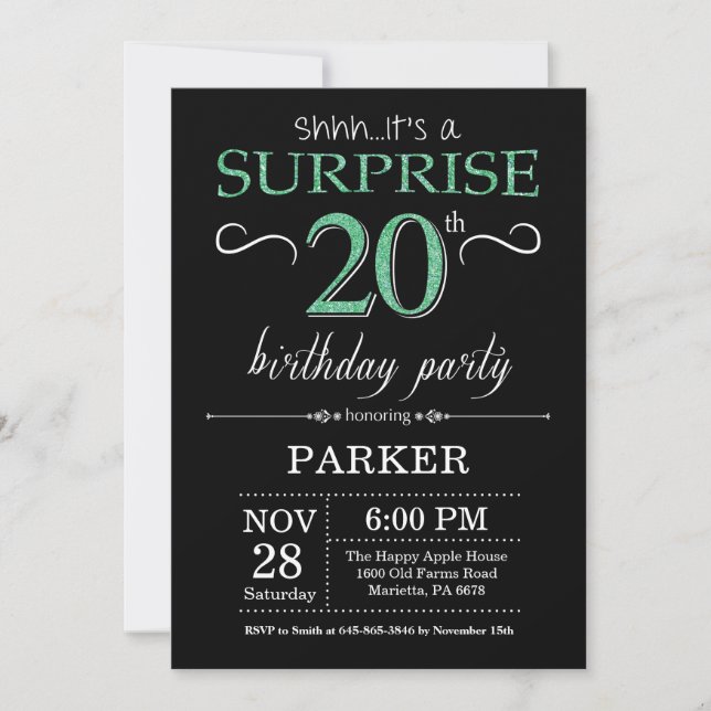 Invitation Surprise 20e anniversaire Parties scintillant noir (Devant)