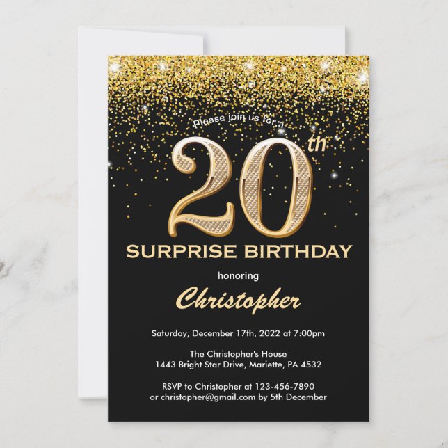 Invitation Surprise 20e anniversaire Parties scintillant Noir (Devant)