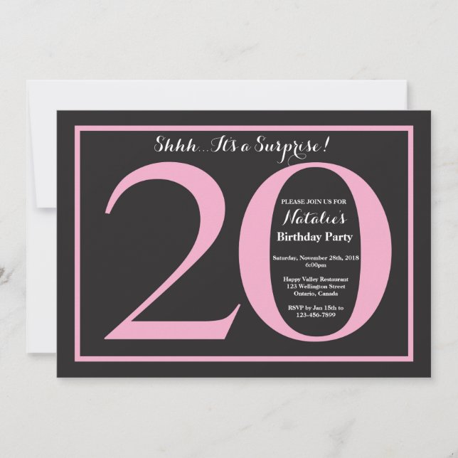 Invitation Surprise 20e anniversaire Pink and Black Chalkboar (Devant)