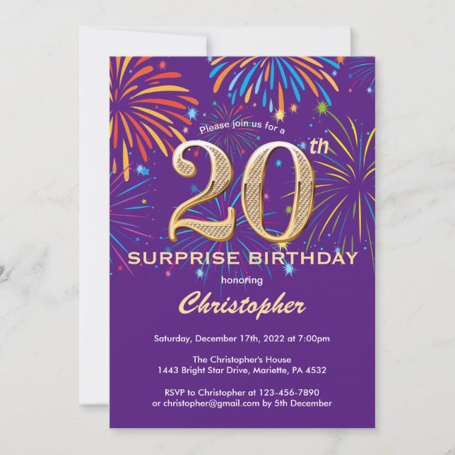 Invitation Surprise 20e anniversaire Purple and Gold Firework (Devant)