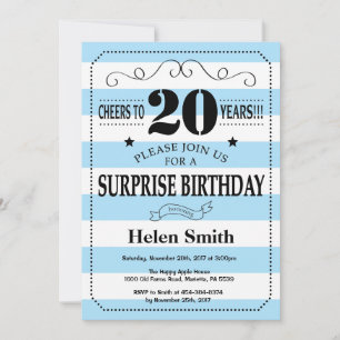 Invitation Surprise 20e Anniversaire Rayures Bleues et Blanch