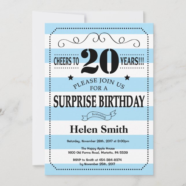 Invitation Surprise 20e Anniversaire Rayures Bleues et Blanch (Devant)