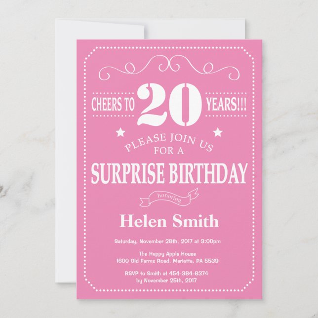Invitation surprise 20e anniversaire rose et blanc (Devant)
