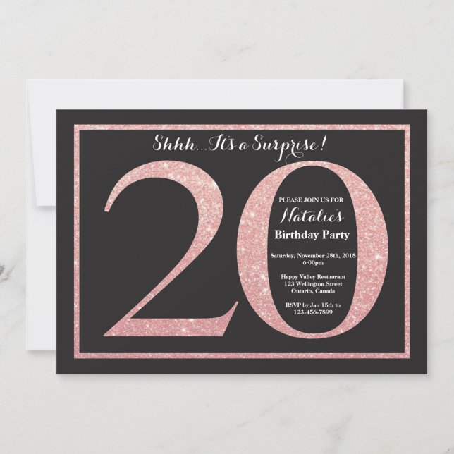 Invitation Surprise 20e anniversaire Rose Pink Gold Parties s (Devant)