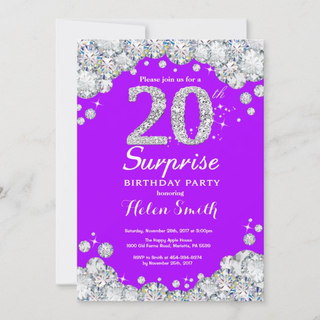 Invitation Surprise 20e Anniversaire Violet et Diamant Argent (Devant)
