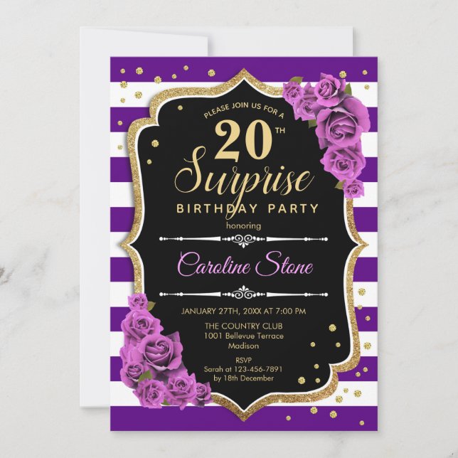 Invitation Surprise 20e Anniversaire - Violet Or (Devant)