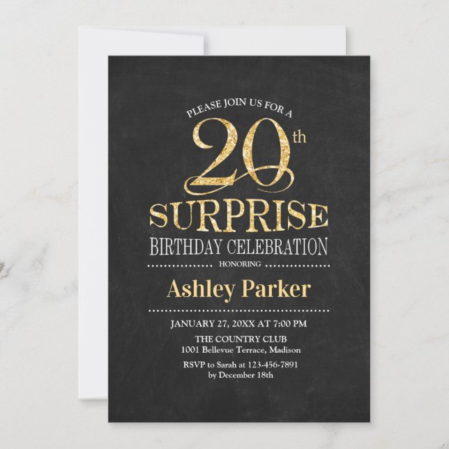 Invitation Surprise 20e fête d'anniversaire - Gold Black (Devant)