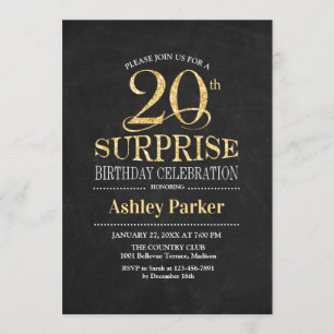 Invitation Surprise 20e fête d'anniversaire - Gold Black