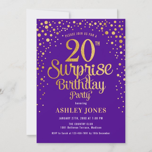 Invitation Surprise 20e fête d'anniversaire - Purple & Gold (Devant)