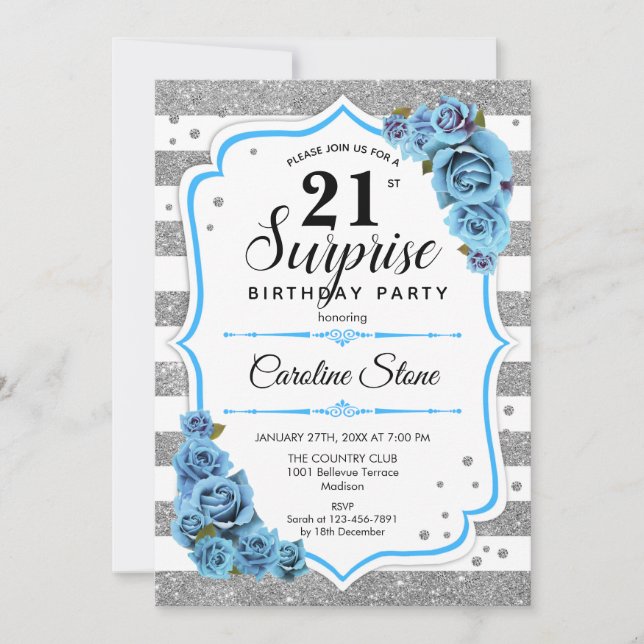 Invitation Surprise 21e anniversaire - Argent Blanc Bleu (Devant)