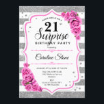 Invitation Surprise 21e anniversaire - Argent blanc rose<br><div class="desc">Invitation surprise 21e anniversaire. Design blanc féminin,  rose avec faux argent parties scintillant. Comprend des rayures,  des roses rose pâle,  des caractères de script et des confettis. Parfait pour une soirée d'anniversaire élégante. Peut être personnalisé pour montrer n'importe quel âge. Message-moi si vous avez besoin d'une personnalisation plus poussée.</div>