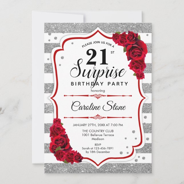 Invitation Surprise 21e anniversaire - Argent Blanc Rouge (Devant)