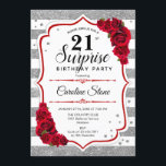 Invitation Surprise 21e anniversaire - Argent Blanc Rouge<br><div class="desc">Invitation surprise 21e anniversaire. Blanc féminin,  design rouge avec fausse parties scintillant argent. Comprend des rayures,  des roses rouges,  des caractères de script et des confettis. Parfait pour une soirée d'anniversaire élégante. Peut être personnalisé pour montrer n'importe quel âge. Message-moi si vous avez besoin d'une personnalisation plus poussée.</div>