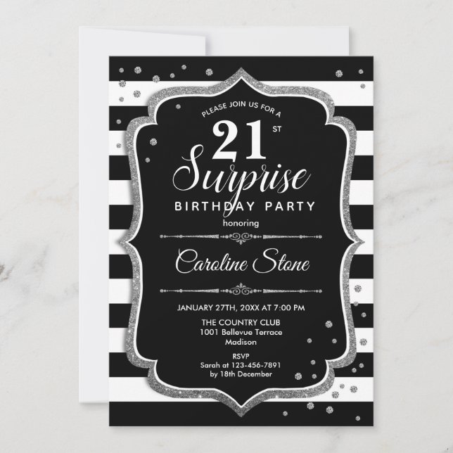 Invitation Surprise 21e anniversaire - Argent noir blanc (Devant)