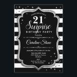 Invitation Surprise 21e anniversaire - Argent noir blanc<br><div class="desc">Invitation surprise 21e anniversaire. Design classique avec rayures noir et blanc,  police de script et argent de parties scintillant. Parfait pour une soirée d'anniversaire élégante. Peut être personnalisé pour montrer n'importe quel âge. Message-moi si vous avez besoin d'une personnalisation plus poussée.</div>