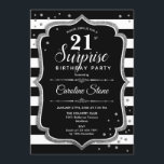 Invitation Surprise 21e anniversaire - Argent noir blanc<br><div class="desc">Invitation surprise 21e anniversaire. Design classique avec rayures noir et blanc,  police de script et argent de parties scintillant. Parfait pour une soirée d'anniversaire élégante. Peut être personnalisé pour montrer n'importe quel âge. Message-moi si vous avez besoin d'une personnalisation plus poussée.</div>