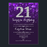 Invitation Surprise 21e anniversaire - Argent violet<br><div class="desc">Invitation surprise 21e anniversaire. Design élégant violet avec faux argent parties scintillant. Anniversaire adulte. Dispose de diamants,  lumières de livres et police de script. Hommes ou femmes anniversaire invitation. Parfait pour une fête d'anniversaire élégante. Message-moi si vous avez besoin d'une personnalisation plus poussée.</div>