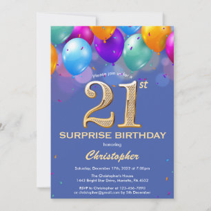 Invitation Surprise 21e anniversaire Ballons bleu et or
