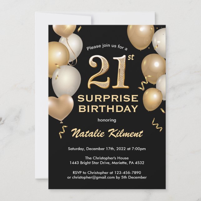 Invitation Surprise 21e anniversaire Ballons noir et or (Devant)
