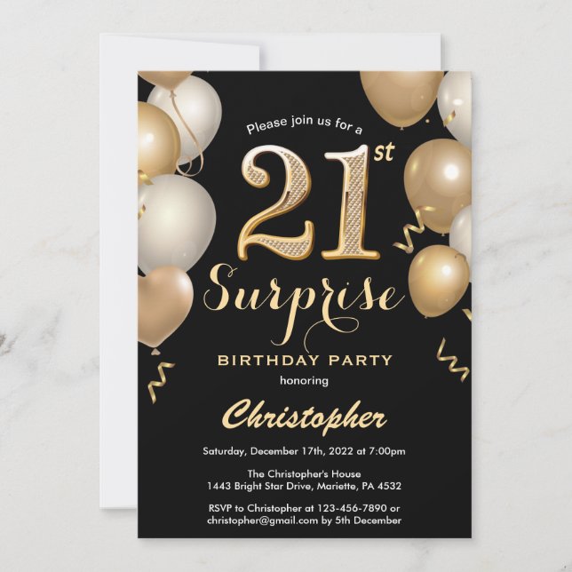 Invitation Surprise 21e anniversaire Ballons noir et or (Devant)