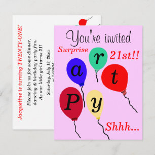 Invitation Surprise 21e anniversaire Ballons rose