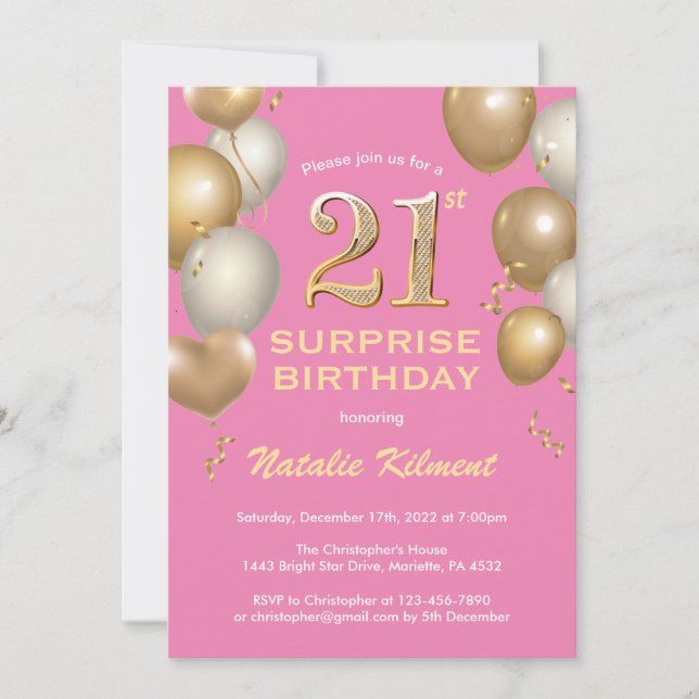 Invitation Surprise 21e anniversaire Ballons rose et or (Devant)