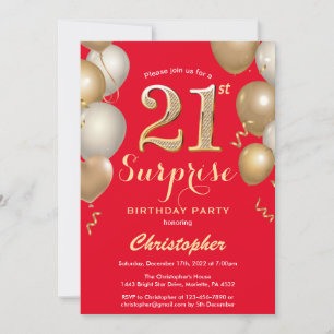 Invitation Surprise 21e anniversaire Ballons rouge et or