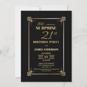 Invitation Surprise 21e anniversaire Black and Gold Party