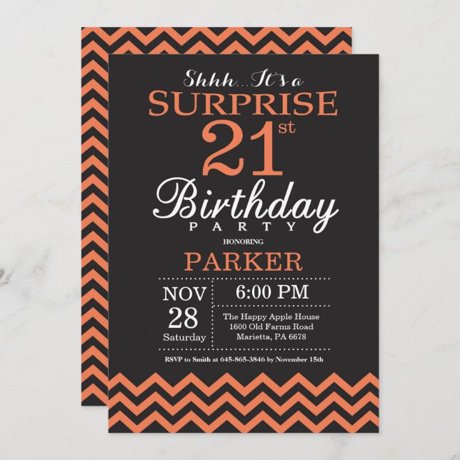 Invitation Surprise 21e anniversaire Black et Coral Chevron (Devant / Derrière)