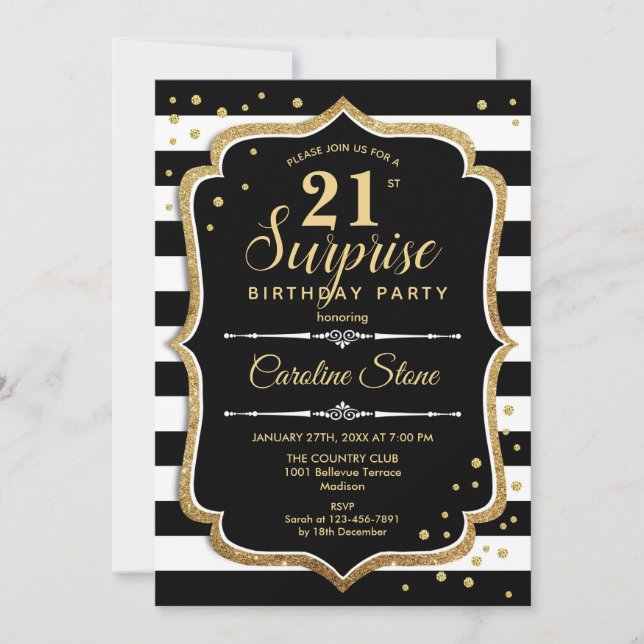 Invitation Surprise 21e anniversaire - Black White Gold (Devant)