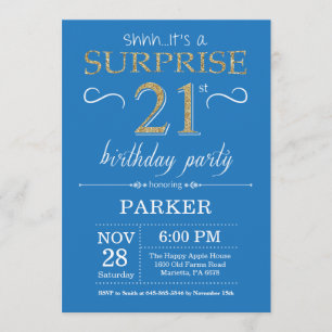Invitation surprise 21e anniversaire Bleu et or