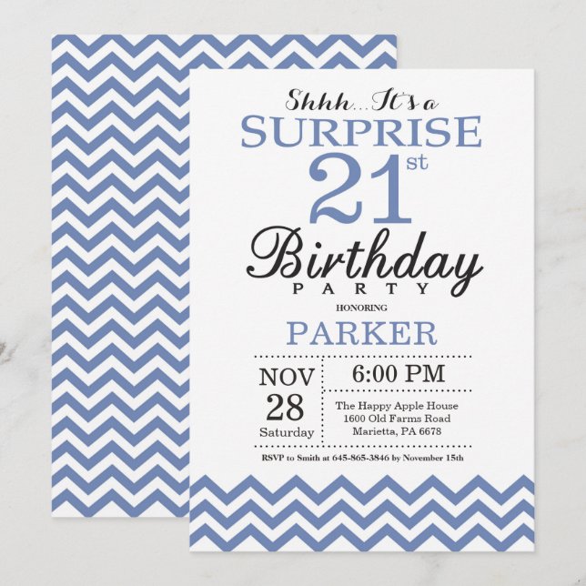Invitation Surprise 21e anniversaire Blue Chevron (Devant / Derrière)