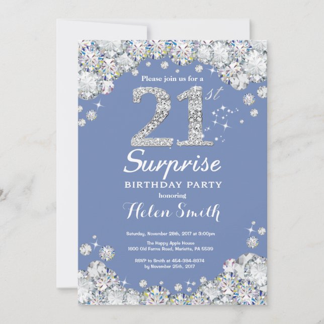 Invitation Surprise 21e anniversaire Blue Silver Diamond (Devant)