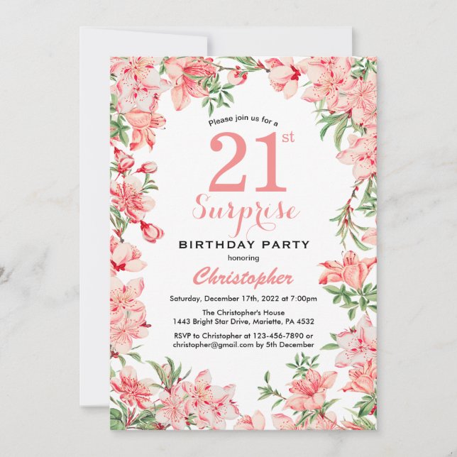 Invitation Surprise 21e anniversaire Boho rose botanique flor (Devant)