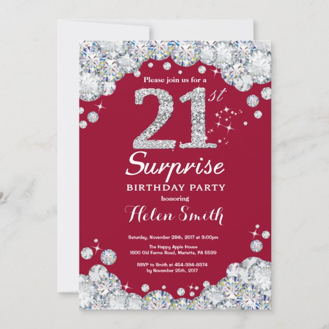 Invitation Surprise 21e Anniversaire Bourgogne Rouge Diamant  (Devant)