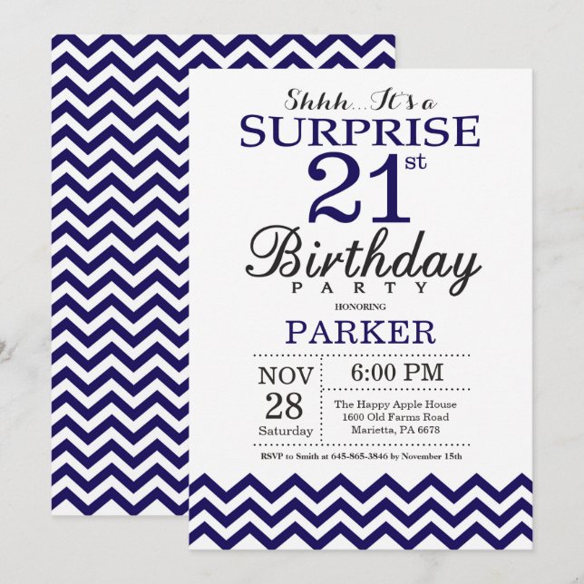 Invitation Surprise 21e Anniversaire Chevron Bleu Marine (Devant / Derrière)