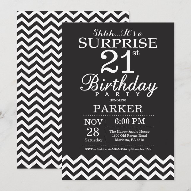 Invitation Surprise 21e Anniversaire Chevron Noir et Blanc (Devant / Derrière)