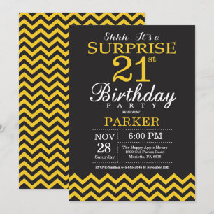 Invitation Surprise 21e Anniversaire Chevron Noir et Jaune