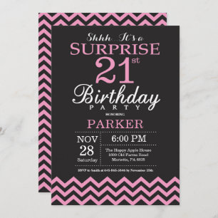 Invitation Surprise 21e anniversaire Chevron noir et rose