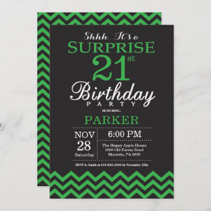 Invitation Surprise 21e anniversaire Chevron noir et vert