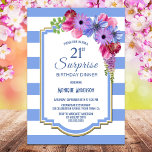 Invitation Surprise 21e anniversaire Dîner floral rayé bleu<br><div class="desc">Bleu rayé floral surprise 21e anniversaire dîner invitation.</div>