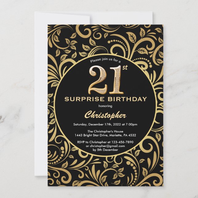 Invitation Surprise 21e anniversaire Floral noir et or (Devant)